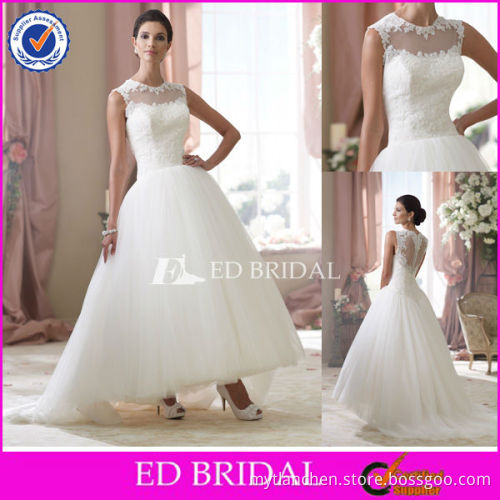 XL115 New Design Bateau Neckline Ankle Length Lace Ball Gown Wedding Dress 2013